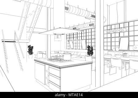 Innenarchitektur Loft Küche benutzerdefiniertes Zeichnen Stockfoto