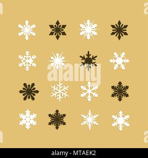 Bunte Schneeflocken Sammlung auf goldenem Hintergrund isoliert. Flache Schnee Symbole, Schneeflocken Silhouette. Element für Weihnachten Banner, Karten Stock Vektor