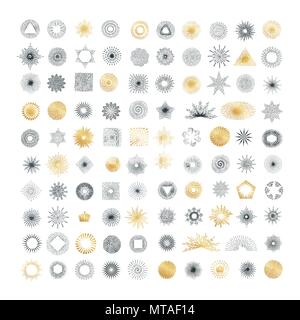 Hand strahlen Design Elemente dargestellt. Sammlung von sunburst Vintage Style Elemente und Symbole für Etiketten und Aufkleber Stock Vektor