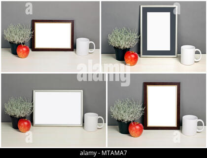 Satz Rahmen mockup mit Blumentopf, Apple, Becher. Leeren Rahmen mock up für Presentation Design. Template Rahmen für moderne Kunst. Stockfoto