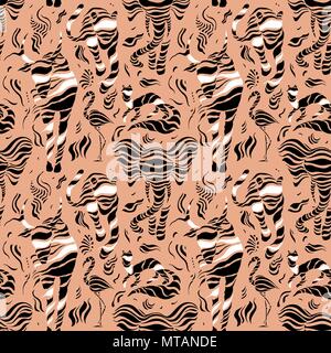 Wilde Tiere. Stilisierte wilde Tiere. Tiger, Bison, Stier, Flamingo Hand nahtlose Muster gezeichnet Stock Vektor