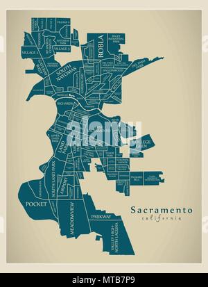 Moderne Stadtplan - Sacramento Kalifornien Stadt der USA mit Nachbarschaften und Titel Stock Vektor