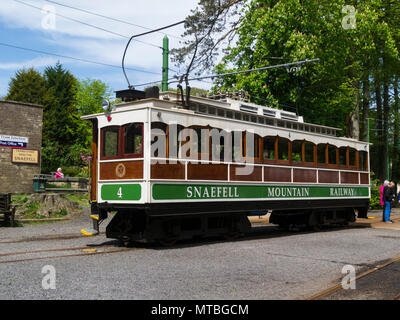 Snaefell Mountain Railway Zug in Laxey Interchange Station Insel Man nutzt fiel Incline Railway System Gipfel der Snaefell Mountain die hig zu erreichen. Stockfoto