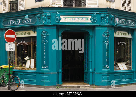 Äußere des Paris Restaurant La Pharmacie im Oberkampf, Frankreich. Stockfoto