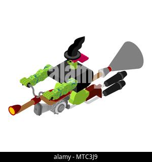 Hexe auf Besen Isometrische. Besen beschleunigt Turbo. Halloween Vector Illustration. Stock Vektor