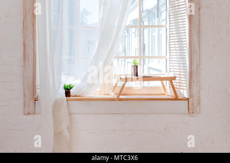Grüne Kakteen, Sukkulenten auf der Fensterbank auf Holztisch mit Licht weicher Hintergrund. Im Frühling oder im Sommer zur Grußkarte. Home Pflanzen auf der Fensterbank Stockfoto