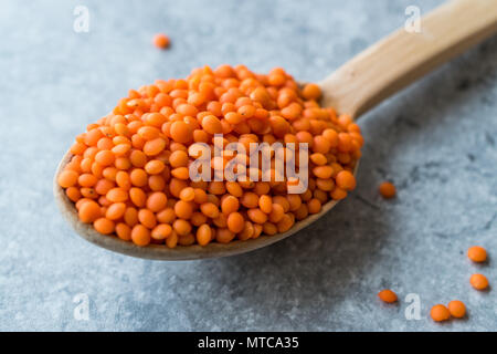 Trocken rote Linsen in hölzernen Löffel Müsli/masoor Dal. Organisches Produkt. Stockfoto