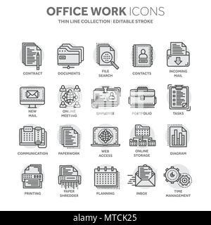 Business und Office arbeiten. Dokumente, Schreibarbeit. Geschäftsmann. Thin Line schwarz Web Icon Set. Umrisse icons Collection. Kreis Element. Stock Vektor