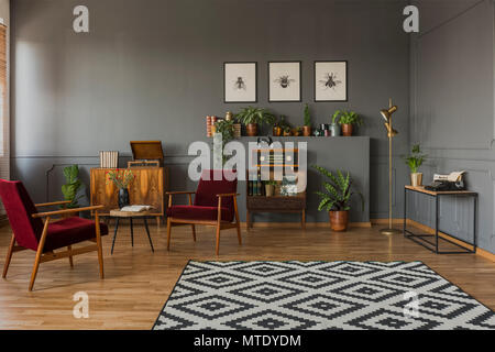 Gemusterten Teppich in grau Wohnzimmer Einrichtung mit dunklen roten hölzernen Sessel und Poster. Real Photo Stockfoto