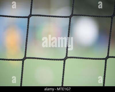 Blick durch Fußball Tor net. Fußball auf grünem Gras durch quadratische net gesehen Stockfoto