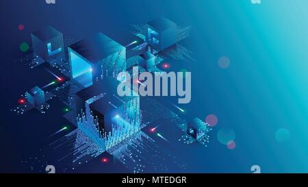 Blockchain Konzept Banner. Isometrische digitale Bausteine Verbindung miteinander und formen crypto Kette. Blöcke, oder Würfel, Verbindung Ziffern besteht. Ein Stock Vektor