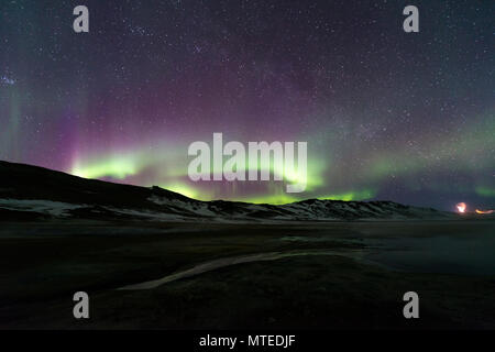 Nordlichter (Aurora Borealis) über Landschaft in der Nähe von Mývatn, Northern Island, Island Stockfoto