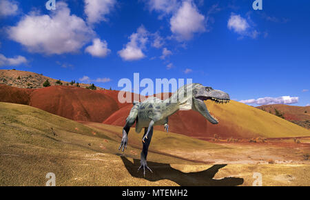 Deinonychus, einer der kleineren Fleisch essen oder fleischfressende Dinosaurier stengel durch eine vulkanische Wüste unter einem prähistorischen Himmel. Stockfoto