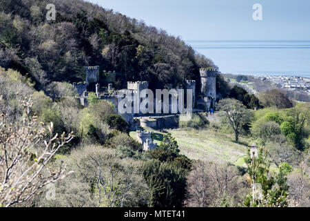 Gwrych Castle an der Küste von Nordwales gesehen von Tan y gopa Woods Abergele Stockfoto