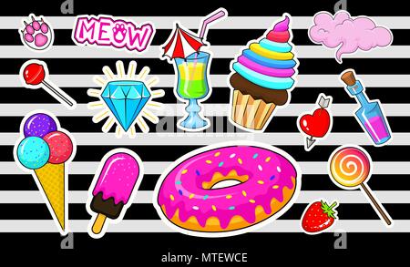 Satz von Mädchen Mode niedlich Patches, fun Aufkleber, Plaketten und Pins. Sammlung verschiedene Elemente. Prinzessin und Einhorn, Lippen und Ponys, Regenbogen und Süßigkeiten. Vektor trendy Abbildung. Stock Vektor