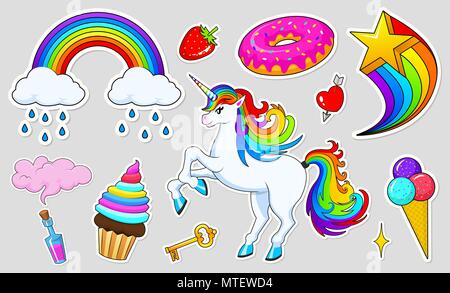 Satz von Mädchen Mode niedlich Patches, fun Aufkleber, Plaketten und Pins. Sammlung verschiedene Elemente. Einhorn Lippen und Ponys, Regenbogen und Süßigkeiten für die Prinzessin. Vektor trendy Abbildung. Stock Vektor