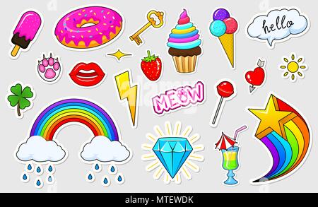 Satz von Mädchen Mode niedlich Patches, fun Aufkleber, Plaketten und Pins. Sammlung verschiedene Elemente. Prinzessin und Einhorn, Lippen und Ponys, Regenbogen und Süßigkeiten. Vektor trendy Abbildung. Stock Vektor