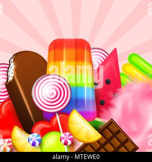 Realistische süsse bonbons. Swirl Karamell, sortierte Kreis Lutscher, Dragiermaschinen u.a. und Schokolade, Obst, Gelee, Zucker, Baumwolle und Wassermelone. 3D-Spiel Hintergrund. Urlaub Farben im modernen Stil. Stock Vektor