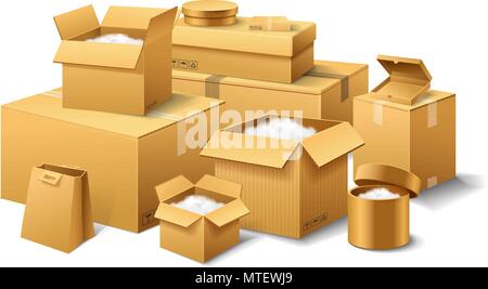 Stapel von realistischen gestapelt Karton. Braun Lieferung. Leeren Karton, offene und versiegelte Packung mit auf Transparenten weißen Hintergrund. Organisiert von der Schicht. Container für Schifffahrt, Transport und e-mail Stock Vektor