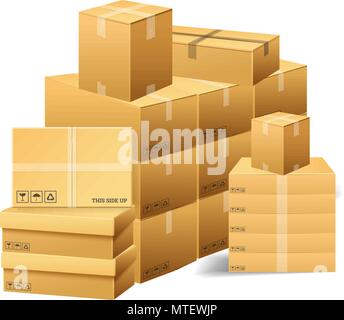 Stapel von realistischen gestapelt Karton. Braun Lieferung. Leeren Karton, offene und versiegelte Packung mit auf Transparenten weißen Hintergrund. Organisiert von der Schicht. Container für Schifffahrt, Transport und e-mail Stock Vektor