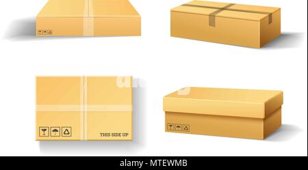 Realistische leeren Karton geöffnet. Braun Lieferung. Karton mit fragilen Zeichen auf Transparenten weißen Hintergrund. Eingestellt von isolierten Mockup für das Web. Container für Schifffahrt, Transport und e-mail. Stock Vektor