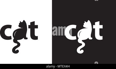 Typografie: einfaches Bild der Schwarzen und der Weißen Katze als Teil des Wortes cat Logo Stock Vektor