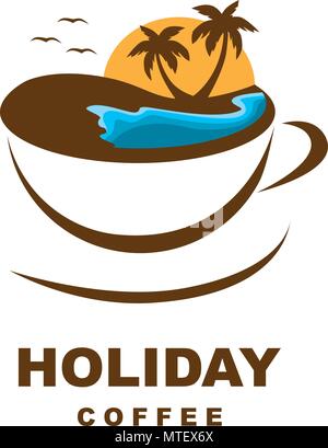 Urlaub/Logo. Kaffee, Palme, Strand, Sonne und Vögeln. Stock Vektor