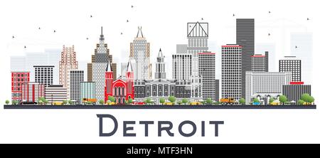 Detroit Michigan City Skyline mit grauen Gebäude isoliert auf Weiss. Vector Illustration. Business Travel und Tourismus Konzept mit moderner Architektur. Stock Vektor