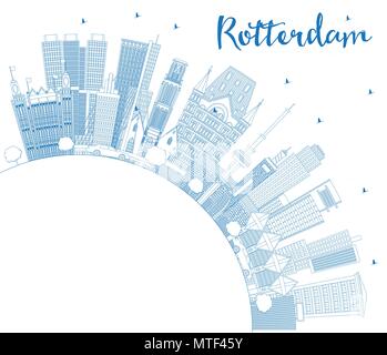 Umrisse Rotterdam Niederlande Skyline der Stadt mit blauen Gebäude und Kopieren. Vector Illustration. Stock Vektor