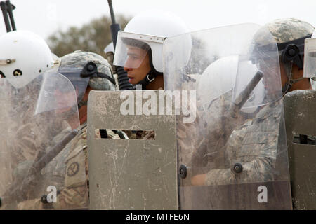 Us-Soldaten, die die 805th Military Police Company aus Cary, NC an Crowd control Training mit Alpha 3. Marine Flotte Antiterrorism Security Team (schnell) und Royal marokkanischen Streitkräften während der Übung afrikanischer Löwe 17. April 23, bei Tifnit, Marokko. Übung African Lion ist eine jährlich geplant, kombinierte multilaterale Übung entwickelt, die Interoperabilität und gegenseitige Verständnis für die Taktiken der jede Nation, Techniken und Verfahren zu verbessern. Stockfoto