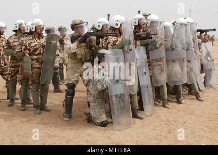 Us-Soldaten, die die 805th Military Police Company aus Cary, NC und Marines mit Alpha 3. Marine Flotte Antiterrorism Security Team in Crowd control Training mit Royal marokkanischen Streitkräften während der Übung afrikanischer Löwe 17. April 23 teilnehmen, in Tifnit, Marokko. Übung African Lion ist eine jährlich geplant, kombinierte multilaterale Übung entwickelt, die Interoperabilität und gegenseitige Verständnis für die Taktiken der jede Nation, Techniken und Verfahren zu verbessern. Stockfoto