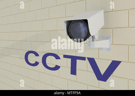 3D-Darstellung der CCTV-Titel unter Sicherheit Kamera, die auf der Wand montiert ist Stockfoto