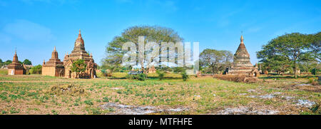 Panoramablick auf den alten Tempel in Bagan archaeologial Park, Mayanmar Stockfoto