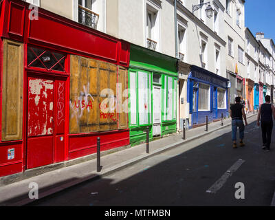 Rue St-Marthe, Paris. Die sainte-marthe Viertel, einer der ältesten der Stadt, ist für seine florierende kreative Szene bekannt. Stockfoto
