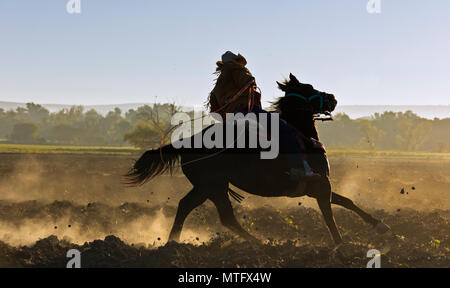 Eine mexikanische COWBOY galoppiert in Dämmert früh Licht - San Miguel de Allende, Mexiko Stockfoto