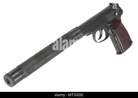 Udssr Makarov Pistole mit Schalldämpfer isoliert Stockfoto