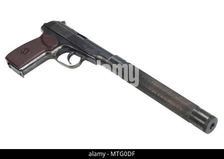 Udssr Makarov Pistole mit Schalldämpfer isoliert Stockfoto