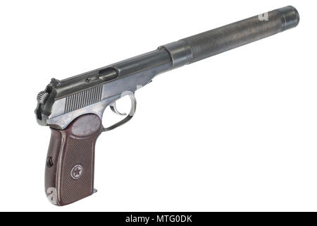 Udssr Makarov Pistole mit Schalldämpfer isoliert Stockfoto