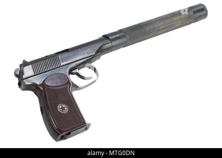 Udssr Makarov Pistole mit Schalldämpfer isoliert Stockfoto