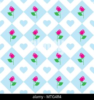 Rosen und Herzen nahtlose Hintergrund - Muster für kontinuierliche in Hellblau, Violett und Grün replizieren. Für Gewebe, Hintergrundbild verwendet werden, Pr Stock Vektor