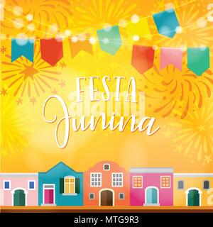 Festa junina, Brasilianische Juni Partei. Lateinamerikanischen Urlaub. Vector Illustration Hintergrund mit Girlande von Fahnen, bunte Häuser und Feuerwerk. Stock Vektor