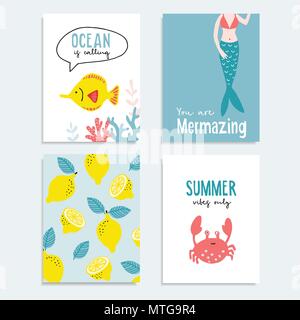 Satz von Hand gezeichnet Sommer Gruß oder Journaling Cards. Tropischen Design mit Zitrone Obst, Fisch, ocral Reef, Krabben und marmaid Schwanz. Urlaub Sommer Meer Konzept. Vektorgrafiken. Stock Vektor