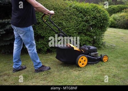 Ein Mann schneidet das Gras im Garten mit einem Benzin Rasenmäher. Im Hintergrund ist ein Busch. Stockfoto