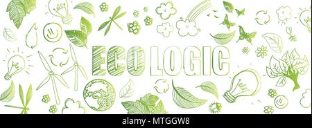 Grüne ecologic Doodles vollständigen Vektor großes Banner Stock Vektor