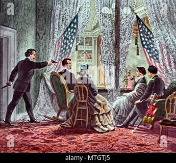 John Wilkes Booth vorwärts lehnen Präsident Abraham Lincoln zu schießen, wie er Uhren Unsere amerikanischen Cousins am Ford's Theater in Washington, D.C., 14. April 1865. Stockfoto
