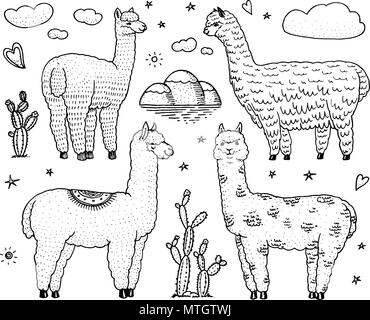 Satz von niedlichen Alpakas Lamas oder wildlebenden Guanako auf dem Hintergrund von Kakteen und Berg. Fröhlich lächelnd Tiere in Peru für Karten, Plakate, Einladungen, t-shirts. Hand gezeichneten Elemente. Graviert Skizze. Stock Vektor