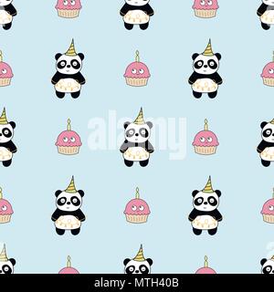 Nahtlose baby Muster mit niedlicher Pandas und Muffins. Stock Vektor