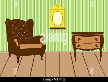 Zimmer im Retrostil Interieur mit Möbeln und Bilderrahmen an der Wand Stock Vektor