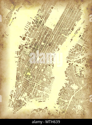 Karte von New York, Satelliten-, United States, Nachbarschaften mit Straßen. Alte Karte. Manhattan Stockfoto