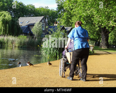 Gesundheitsfürsorge in der Gemeinde - eine Krankenschwester und ein Rollstuhlpatient, der einen erholsamen Barnes Pond, London, SW13, England, Großbritannien, betrachtet Stockfoto